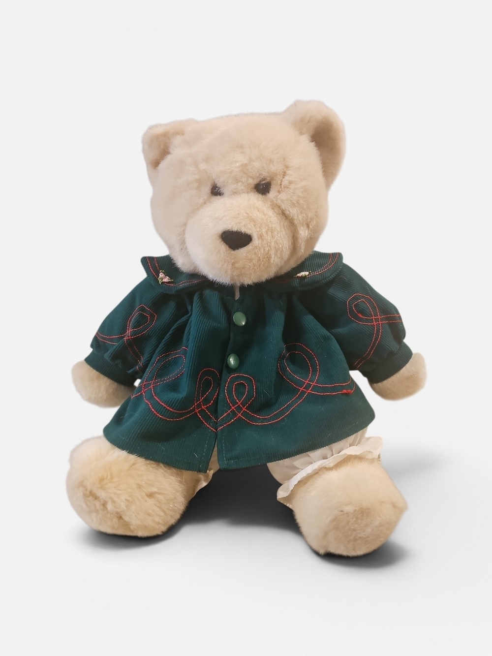 Vintage Beige Teddy Bear in Dark Green Dress